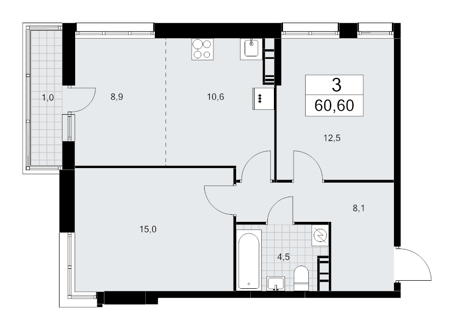 3 ккв (Евро) 60,6 м²