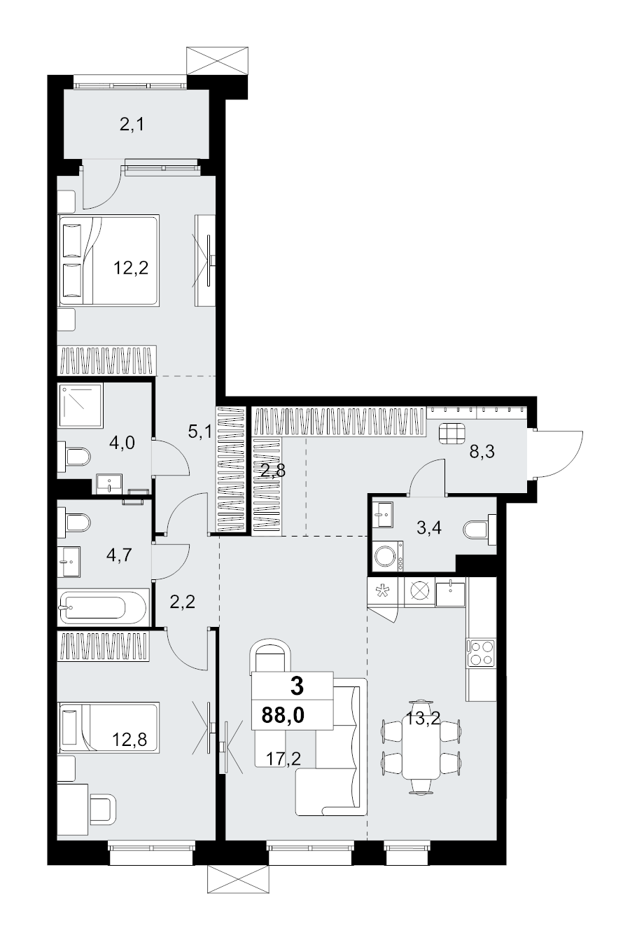 3 ккв (Евро) 88 м²
