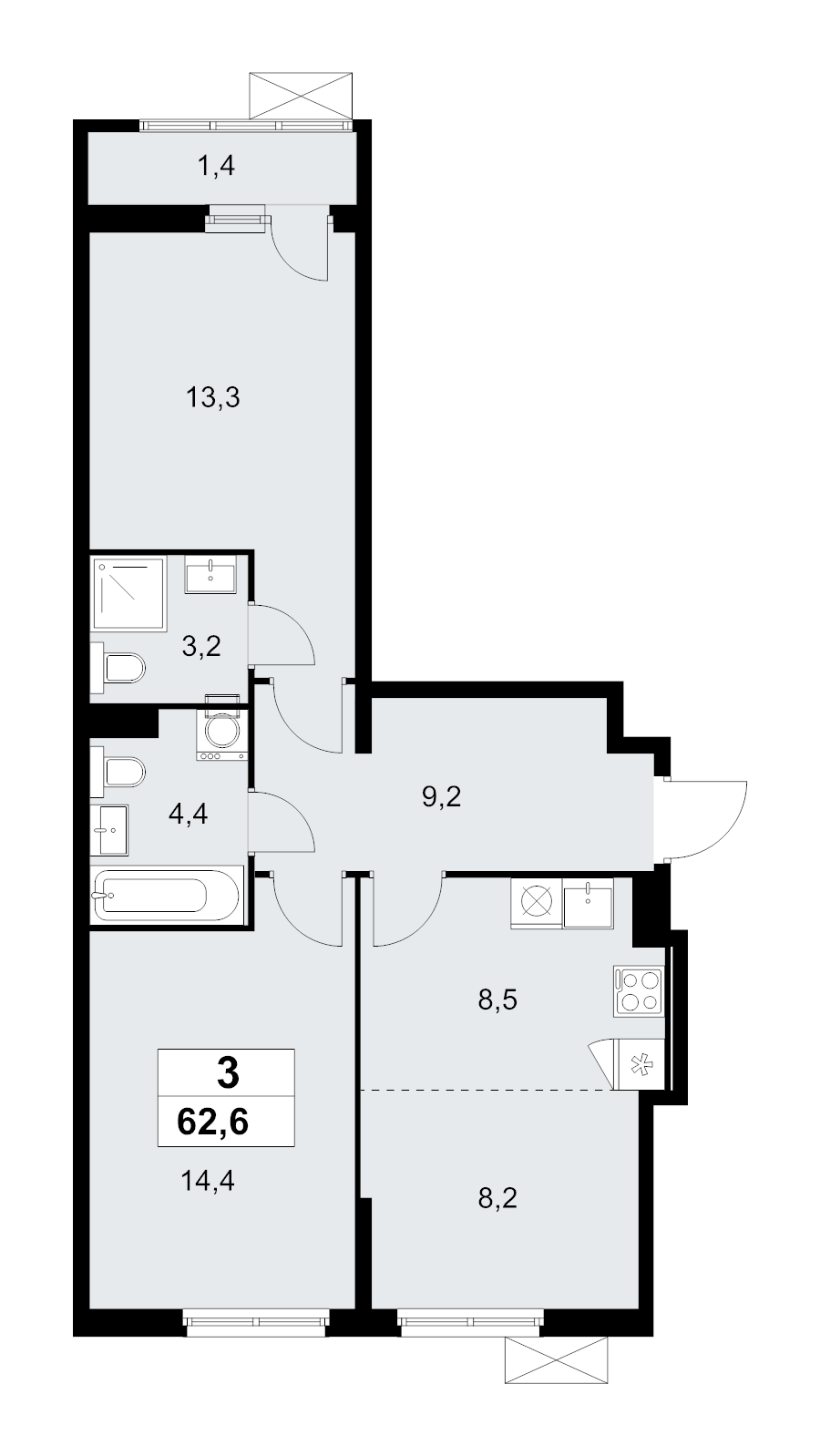 3 ккв (Евро) 62,6 м²