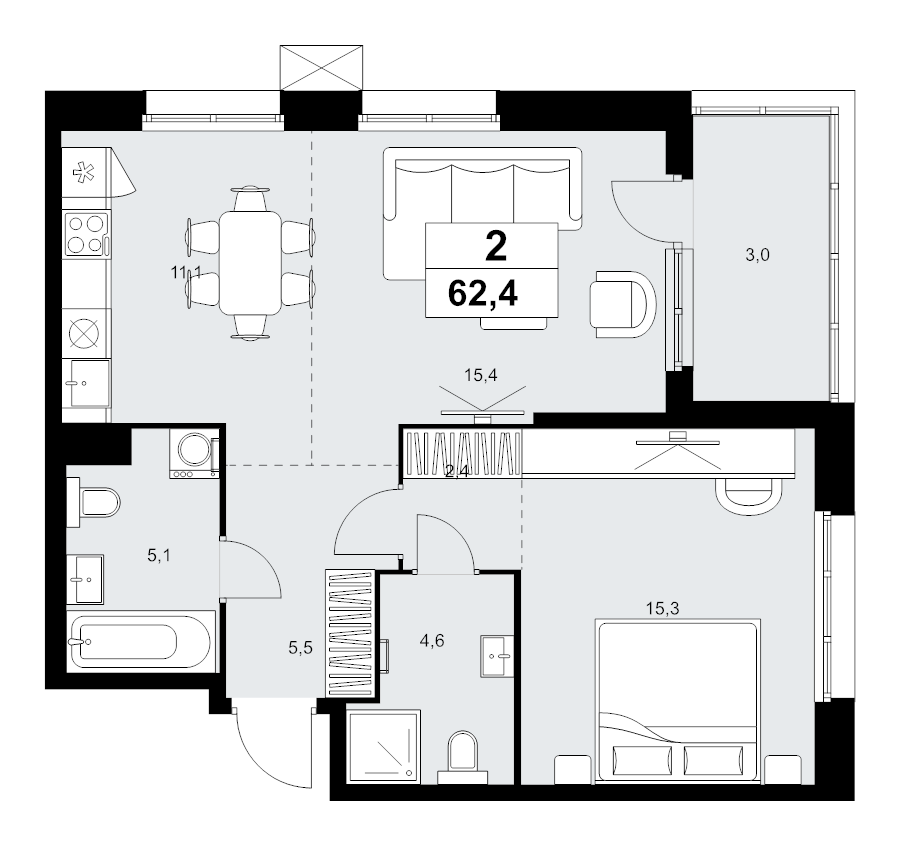 2 ккв (Евро) 62,4 м²