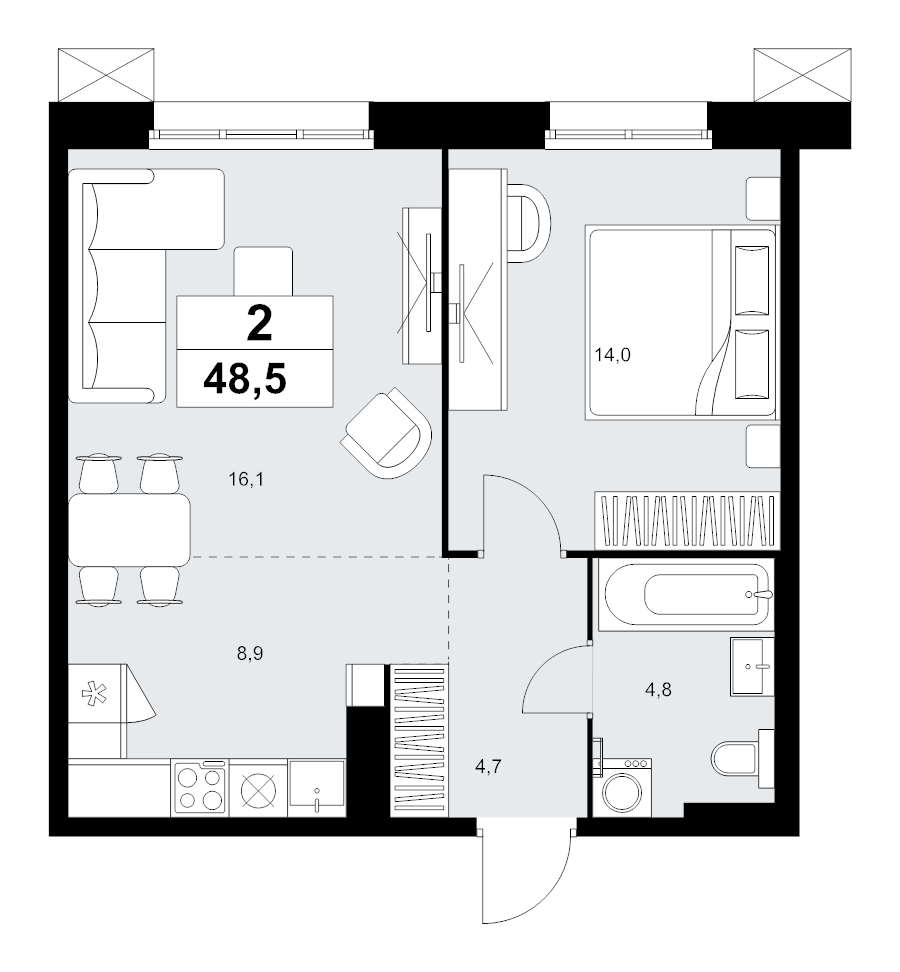2 ккв (Евро) 48,5 м²