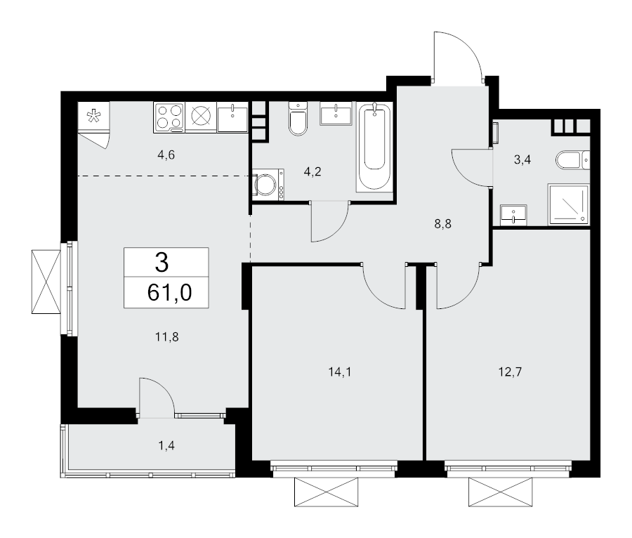 3 ккв (Евро) 61 м²