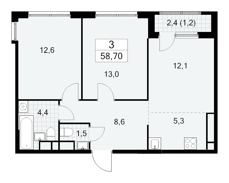 3 ккв (Евро) 58,7 м²