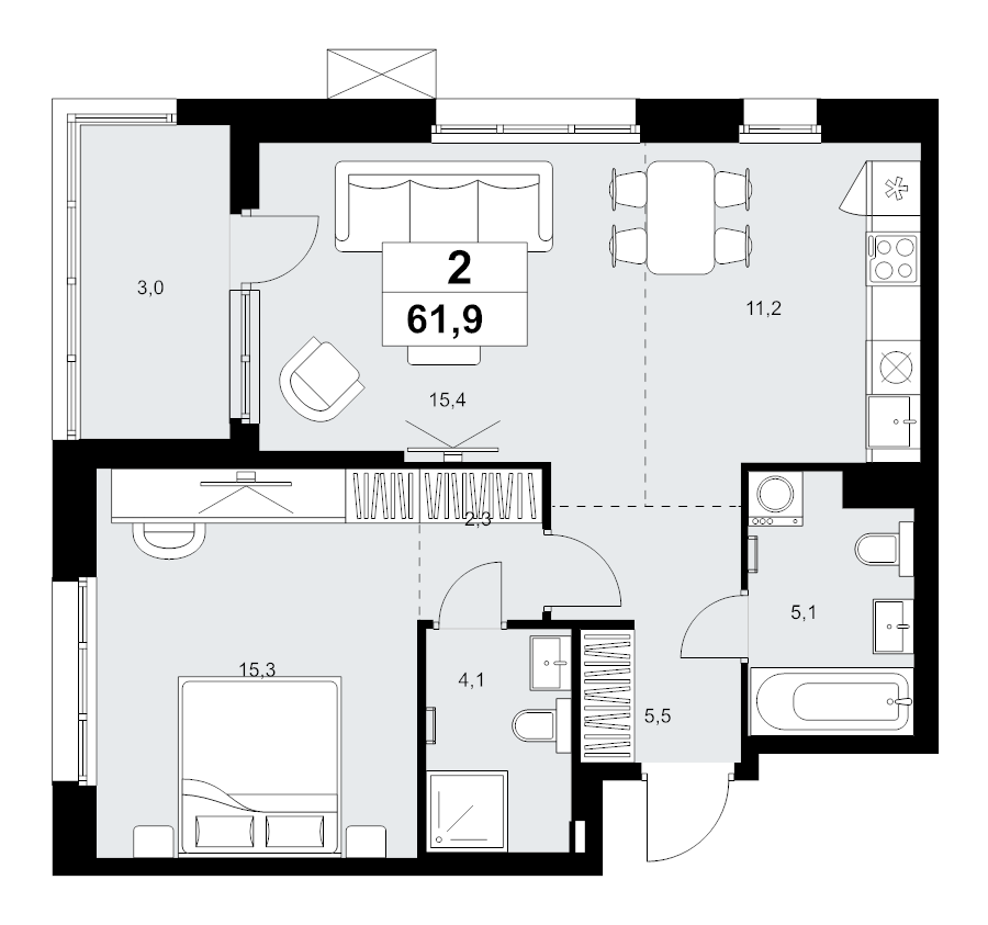 2 ккв (Евро) 61,9 м²