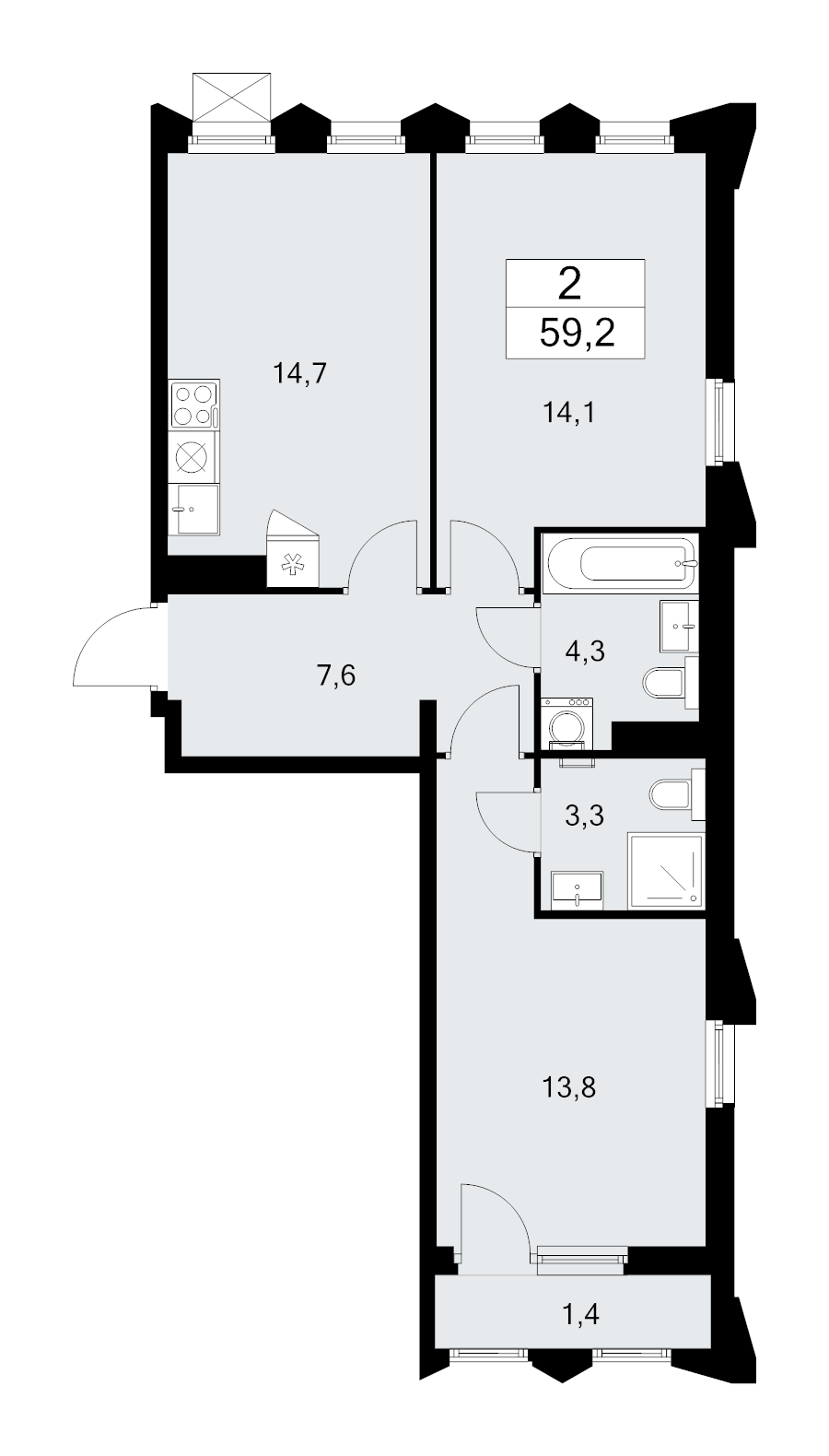 2 ккв 59,2 м²