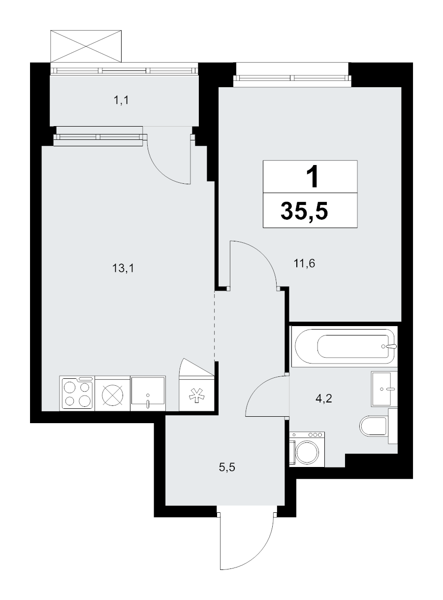 1 ккв 35,5 м²