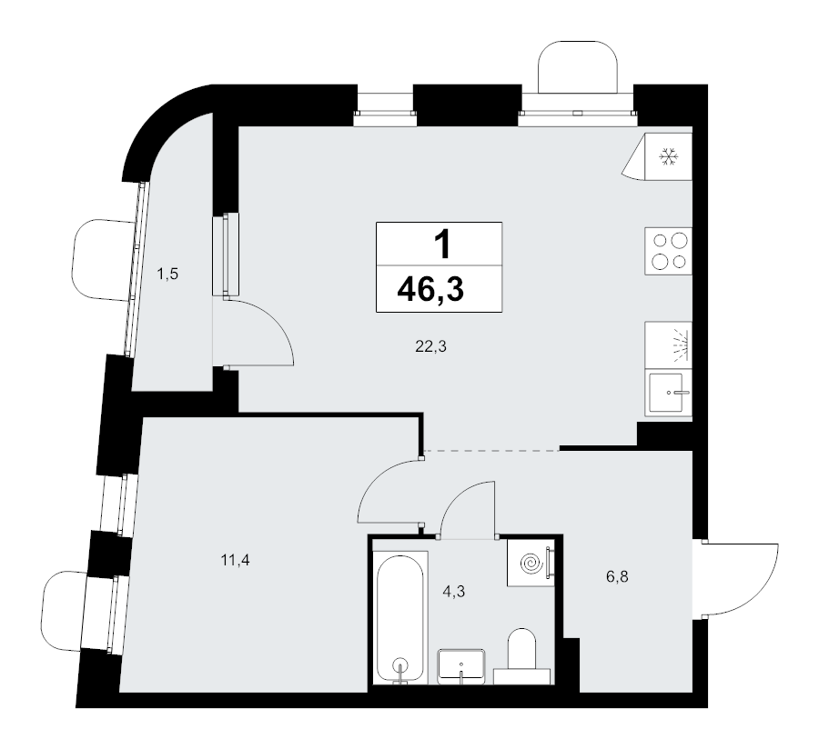 2 ккв (Евро) 46,3 м²