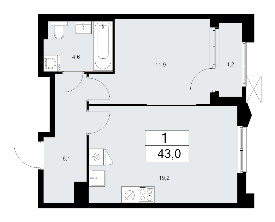 2 ккв (Евро) 43 м²