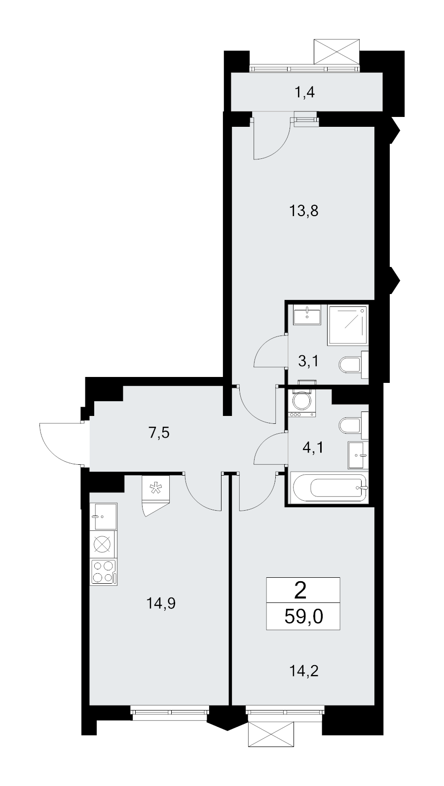 3 ккв (Евро) 59 м²