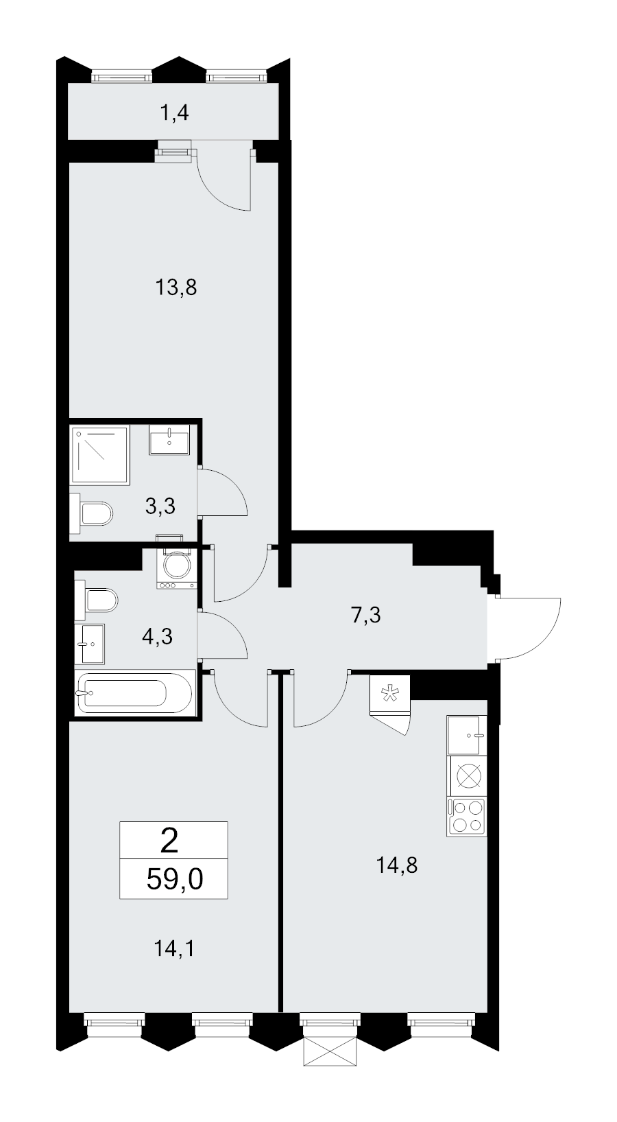 3 ккв (Евро) 59 м²