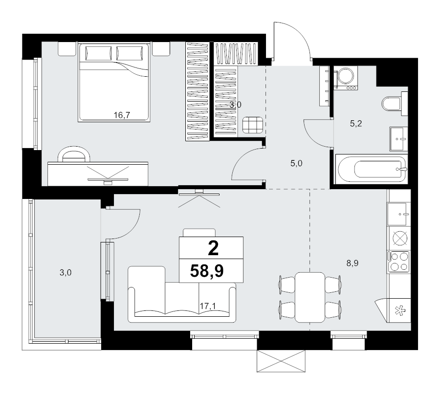 2 ккв (Евро) 58,9 м²
