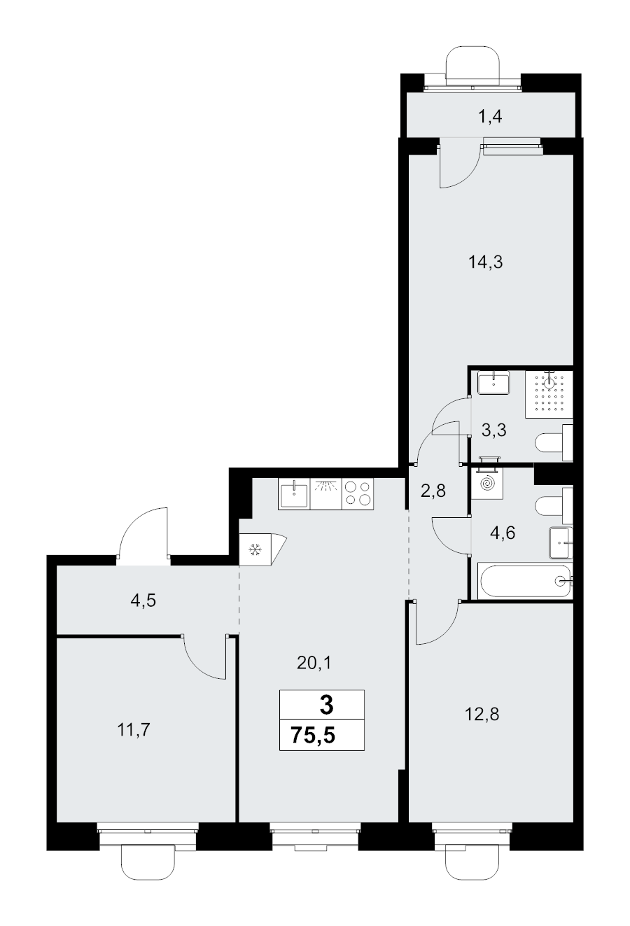 4 ккв (Евро) 75,5 м²
