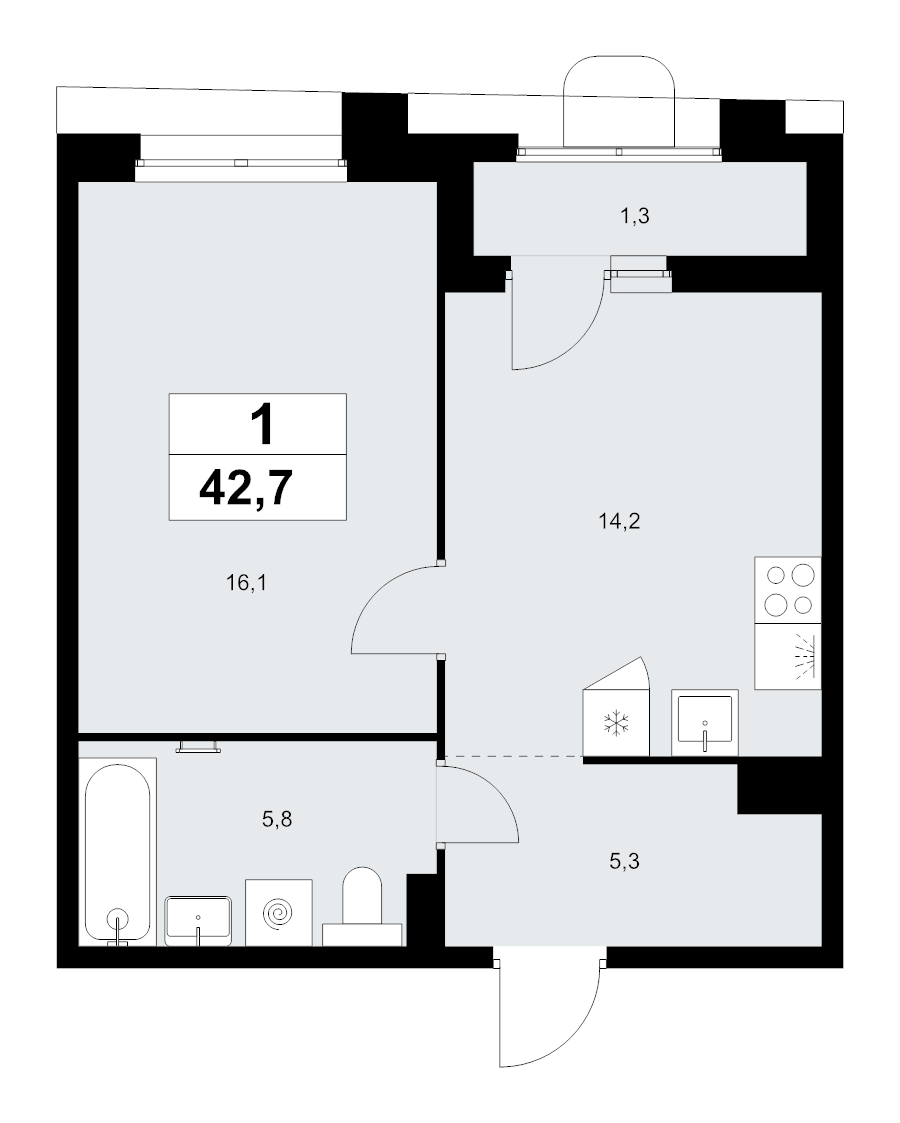 1 ккв 42,7 м²