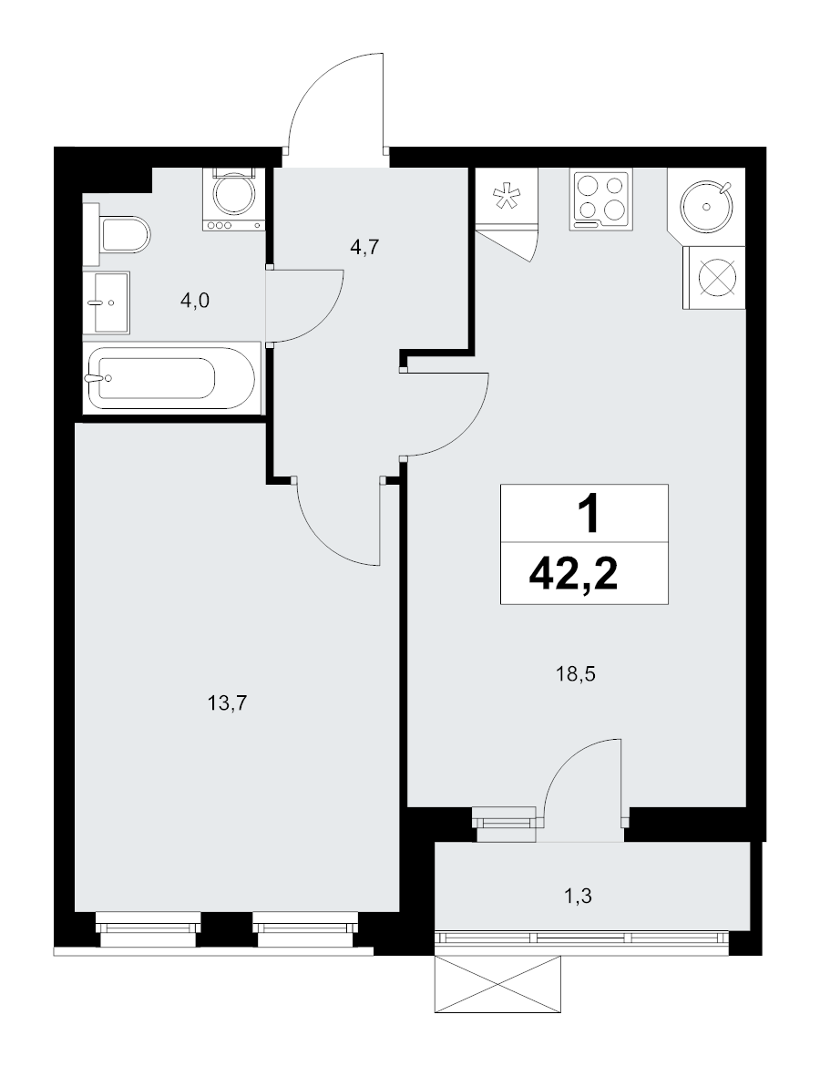 2 ккв (Евро) 42,2 м²