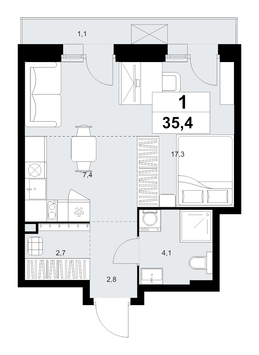 Студия 35,4 м²