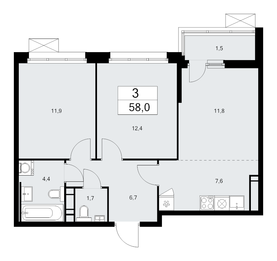 3 ккв (Евро) 58 м²