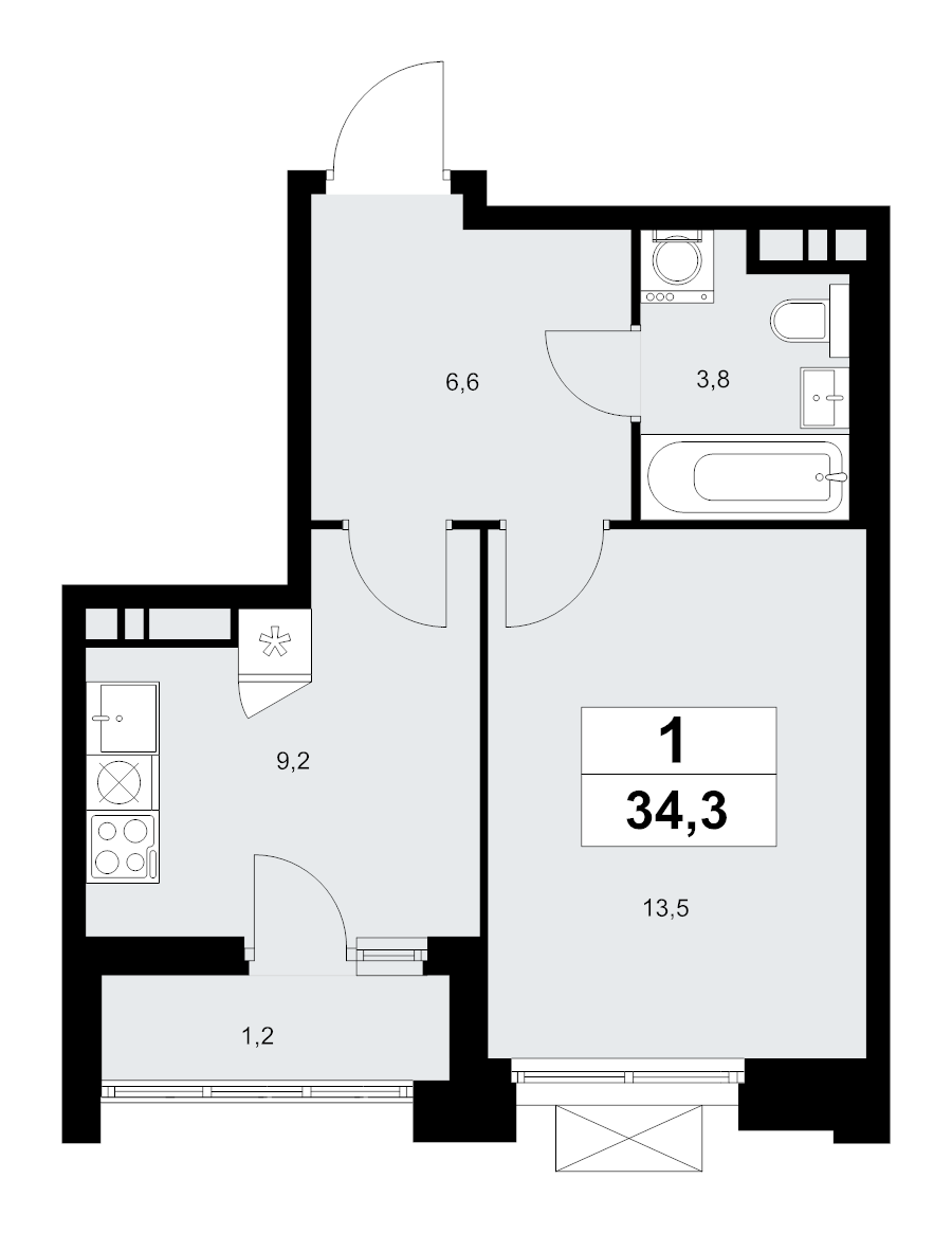1 ккв 34,3 м²