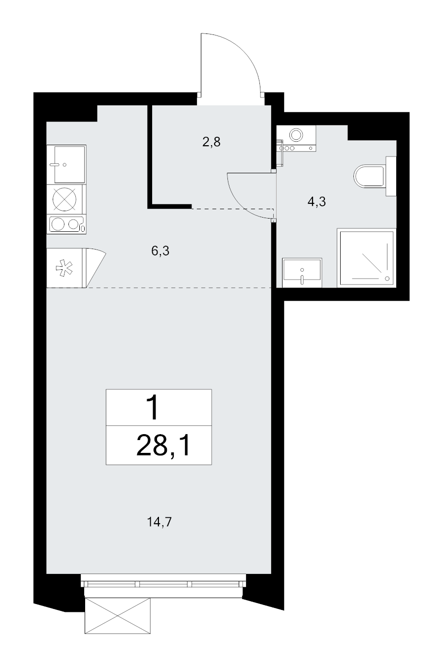 Студия 28,1 м²