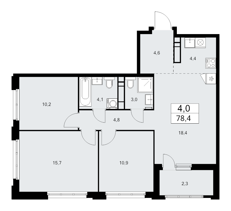 4 ккв (Евро) 78,4 м²