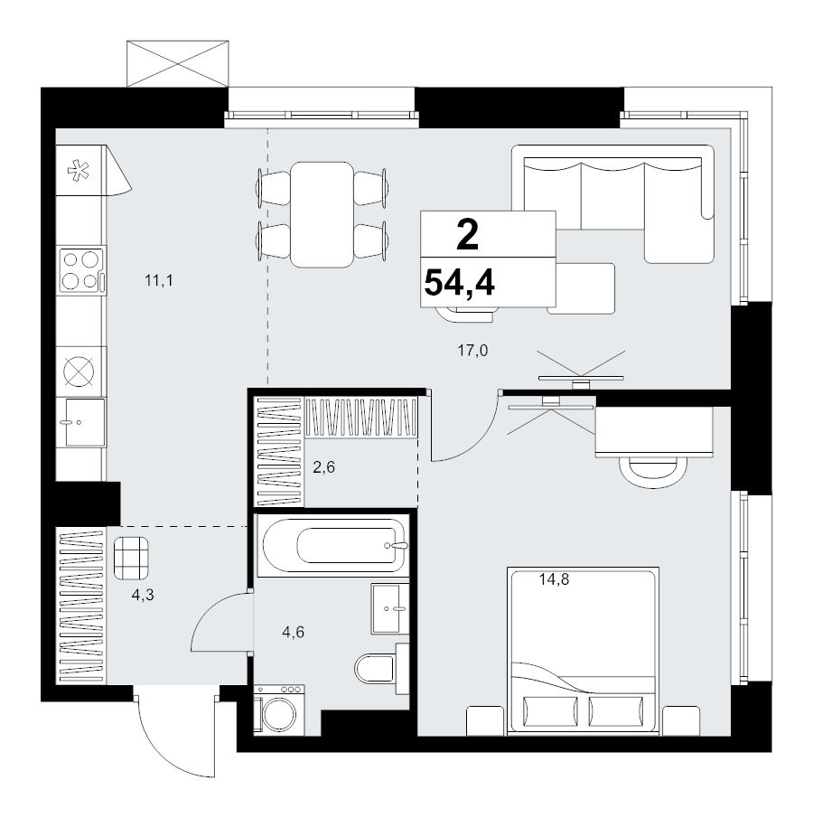 2 ккв (Евро) 54,4 м²