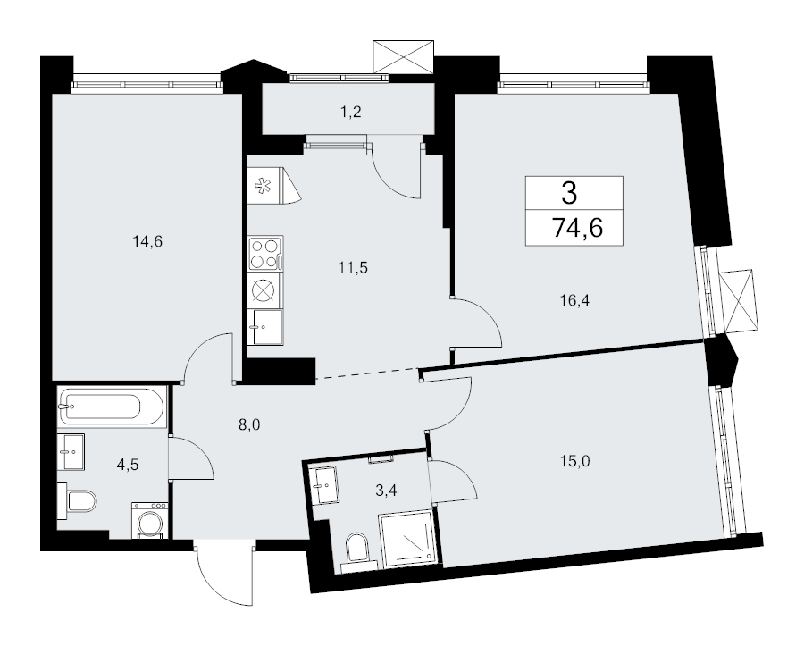 3 ккв 74,6 м²