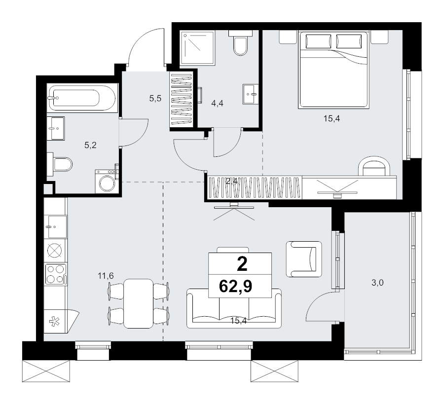2 ккв (Евро) 62,9 м²