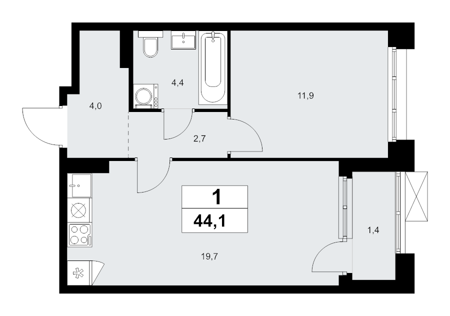 2 ккв (Евро) 44,1 м²