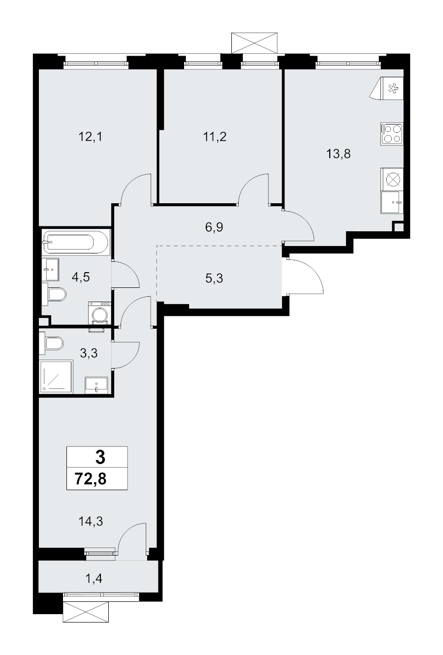3 ккв 72,8 м²