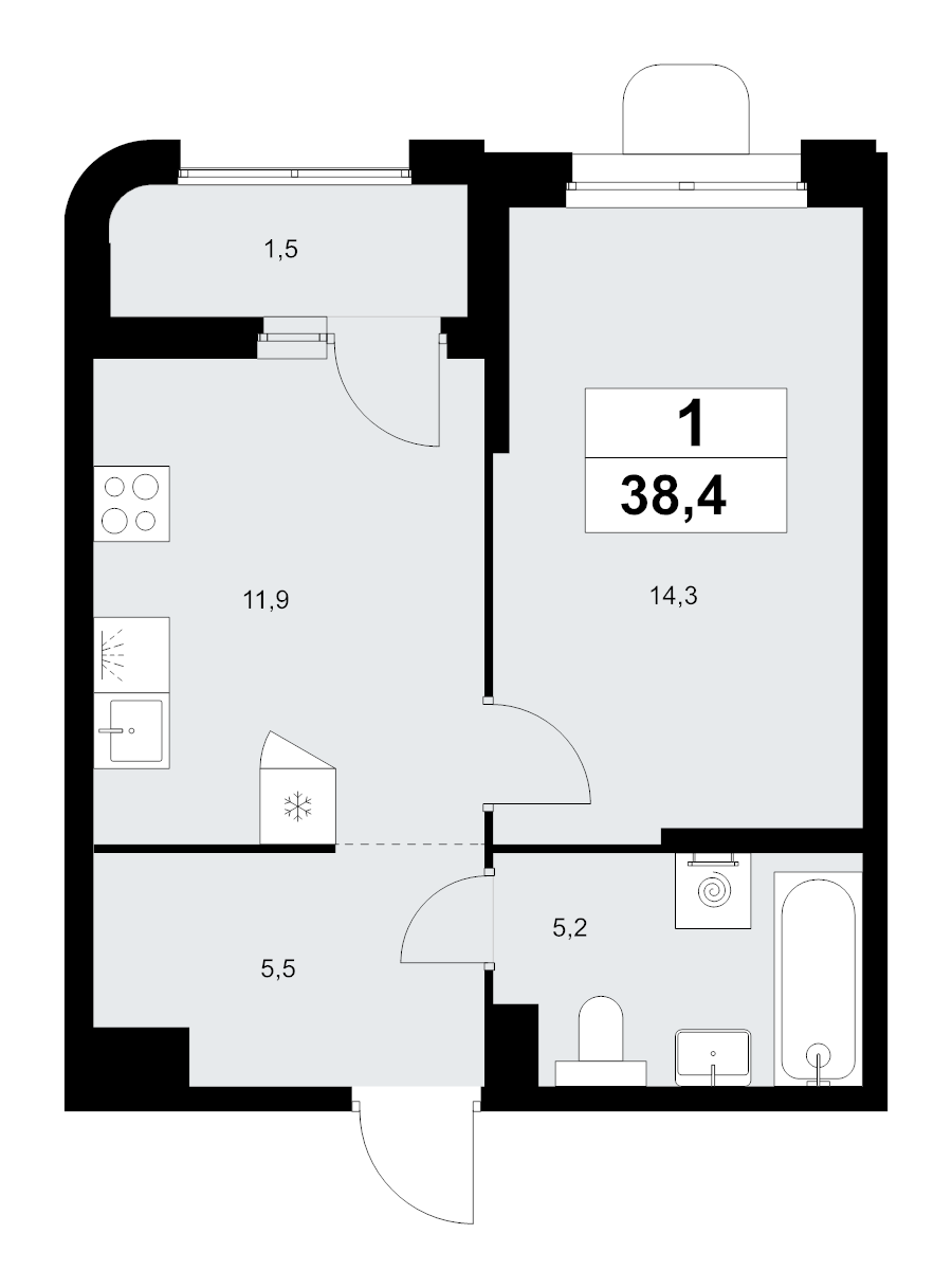 1 ккв 38,4 м²