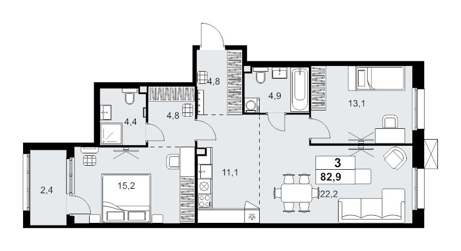 3 ккв (Евро) 82,9 м²