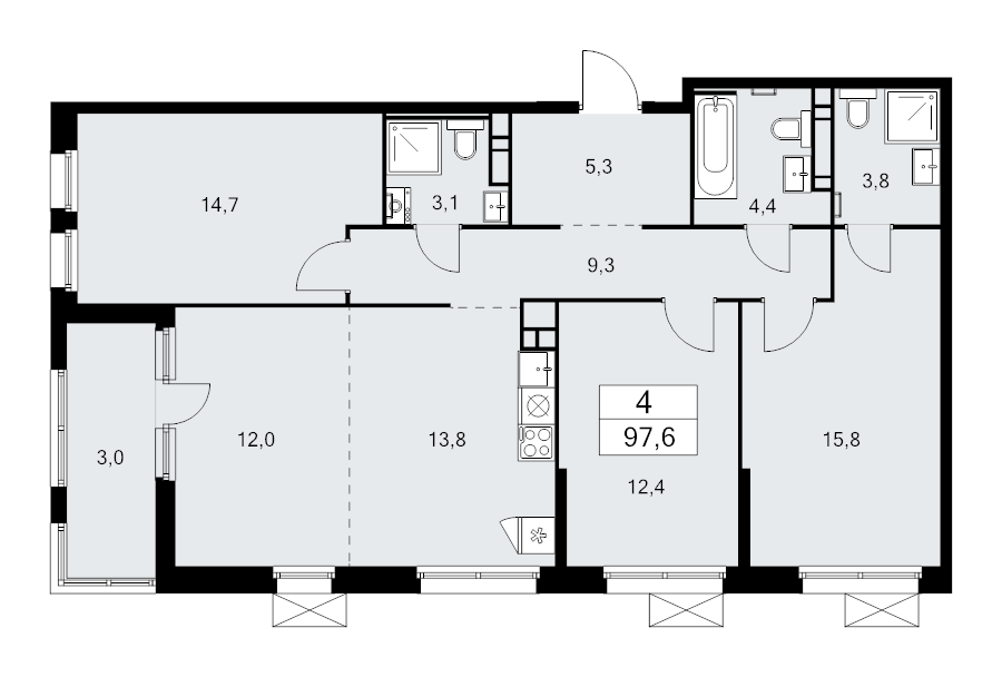 4 ккв (Евро) 97,6 м²