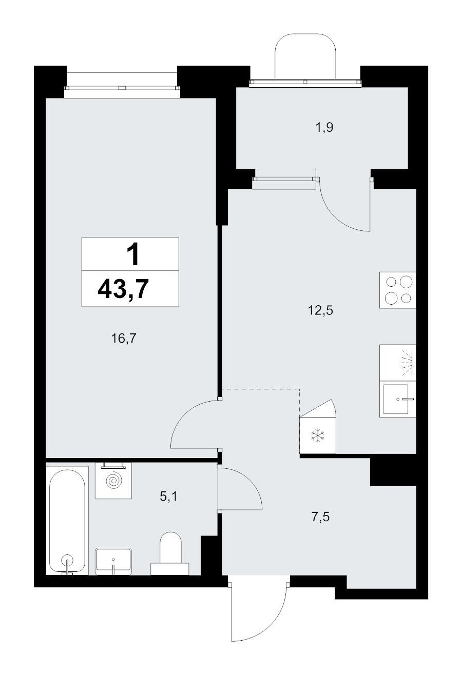 1 ккв 43,7 м²
