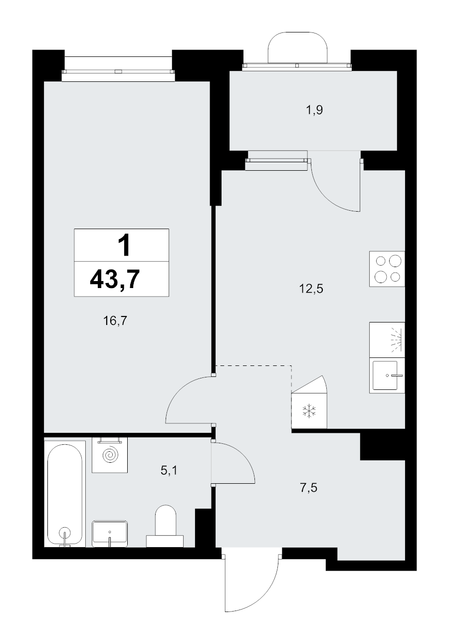 1 ккв 43,7 м²
