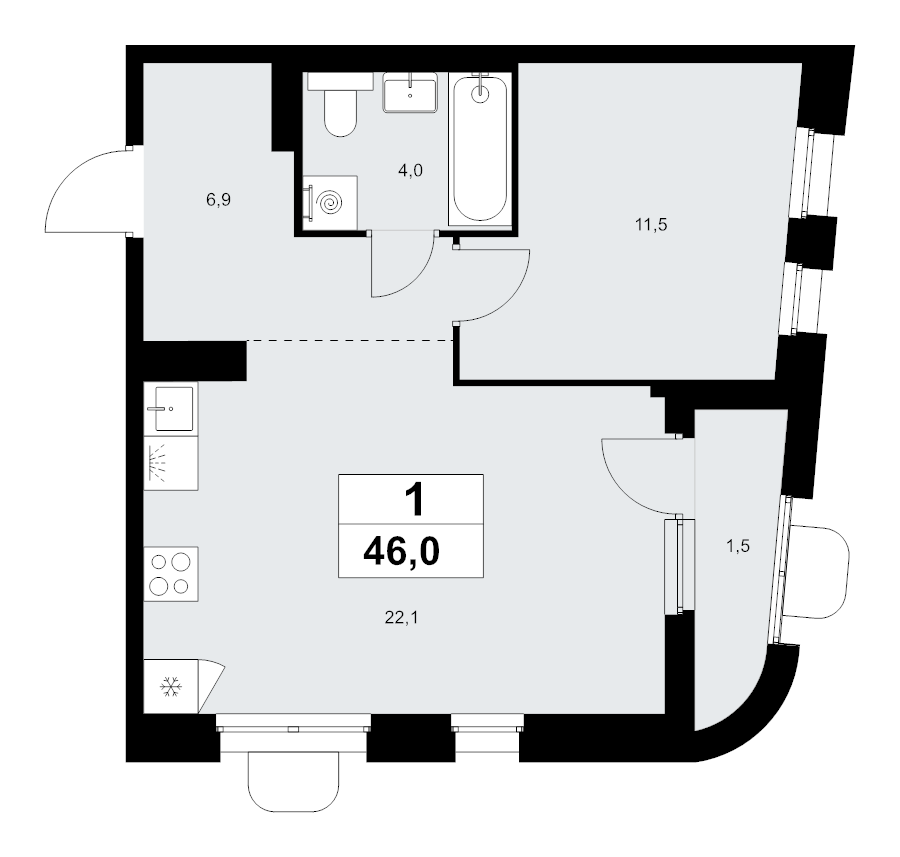 2 ккв (Евро) 46 м²