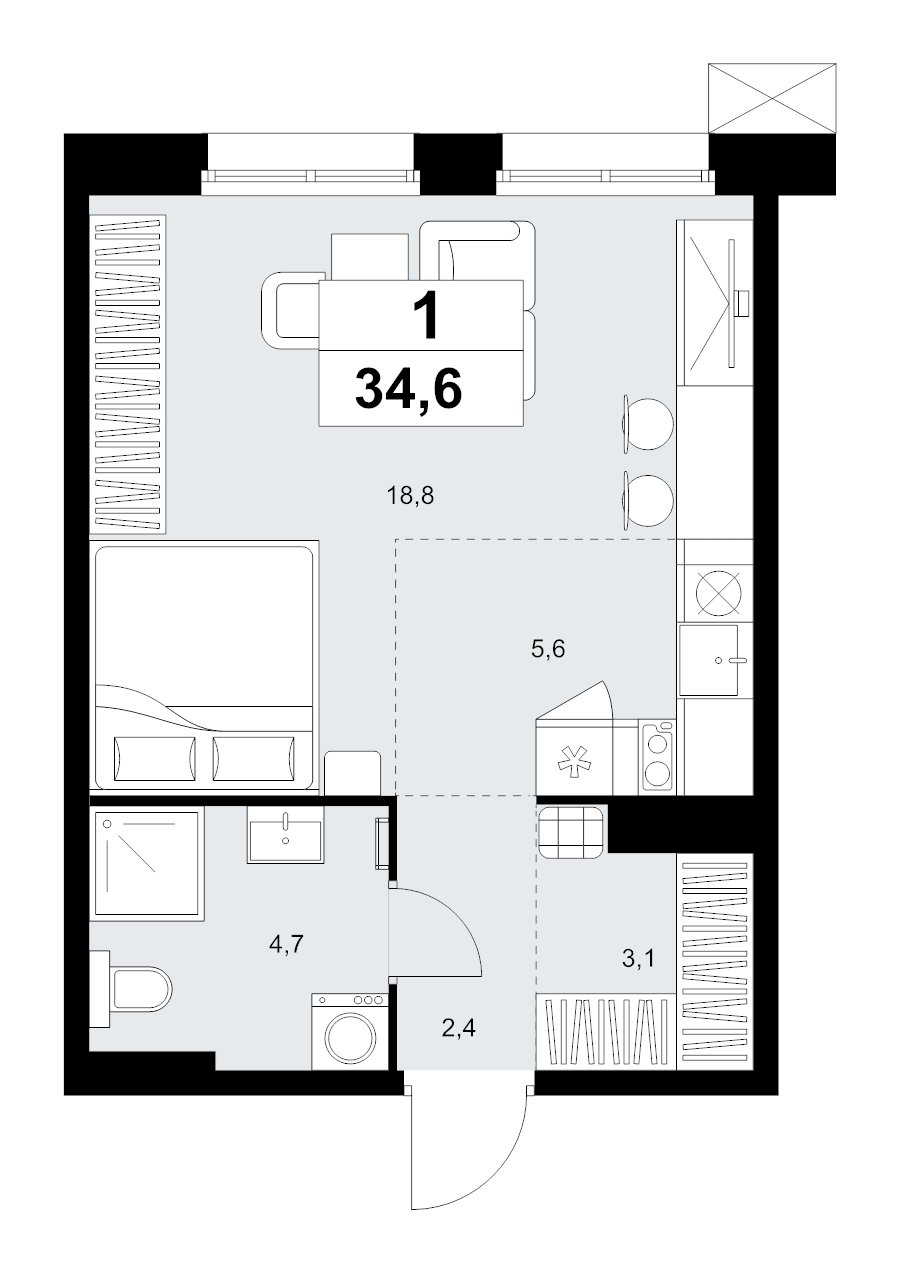 Студия 34,6 м²
