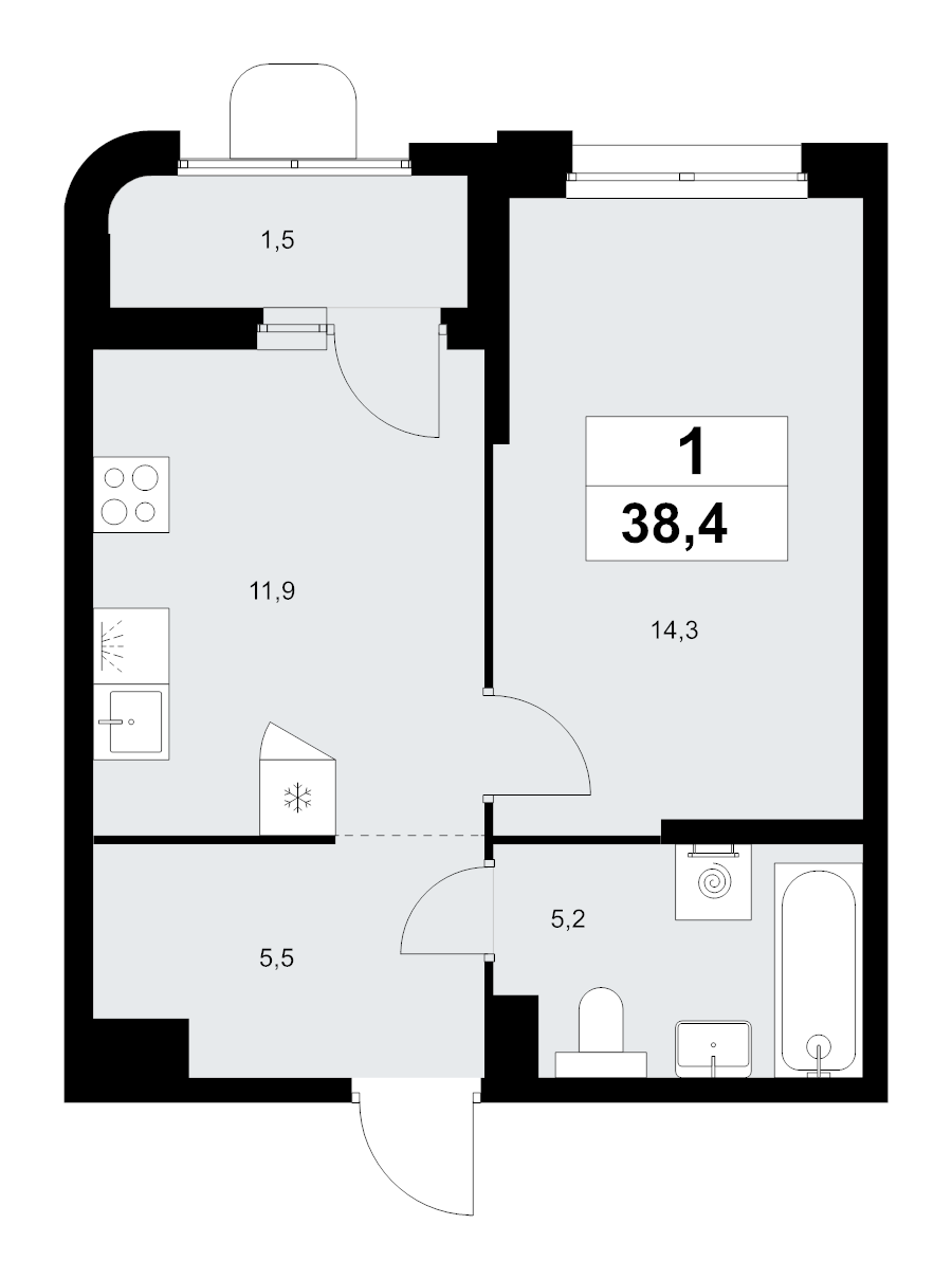 1 ккв 38,4 м²