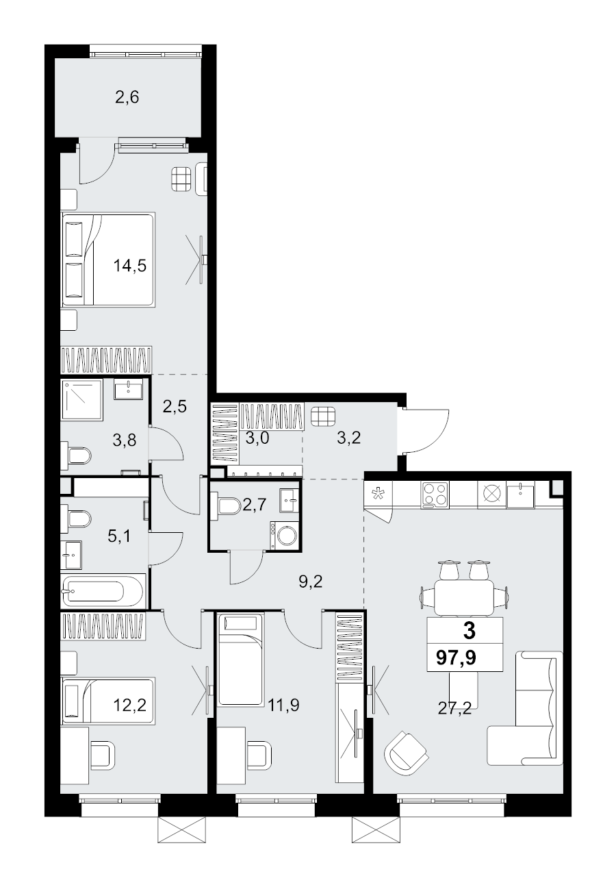 4 ккв (Евро) 97,9 м²