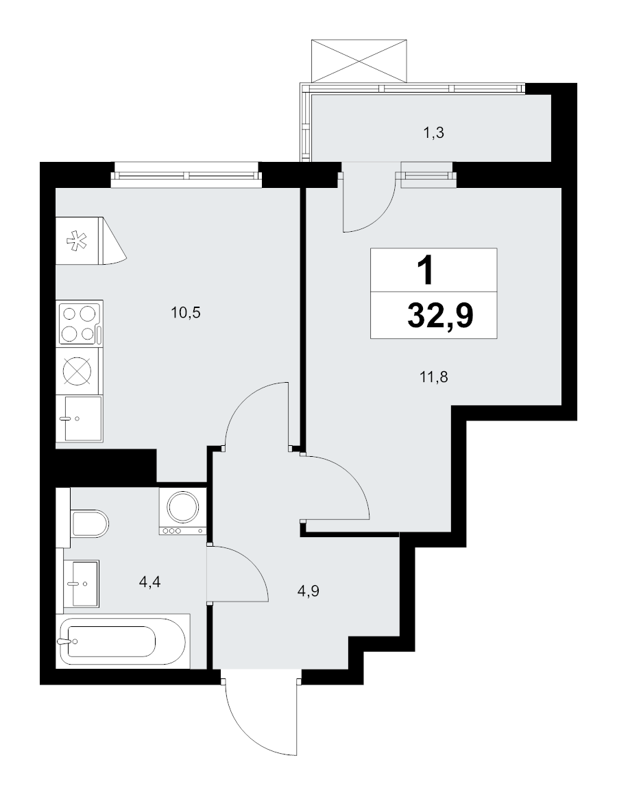 1 ккв 32,9 м²