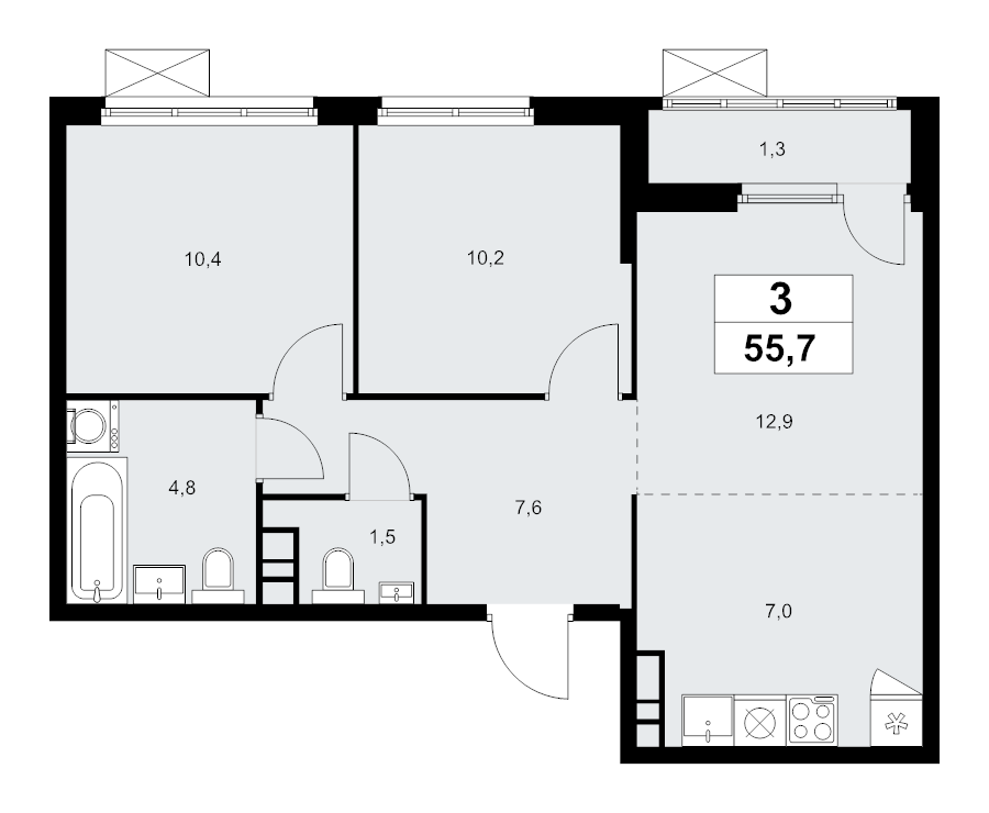 3 ккв (Евро) 55,7 м²