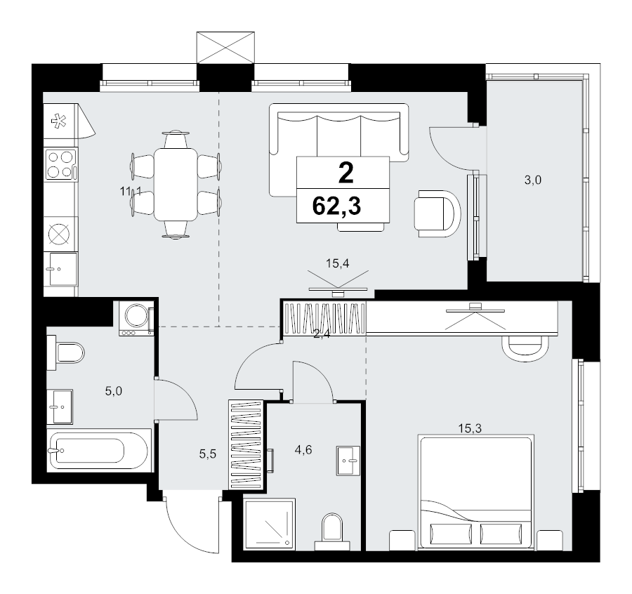2 ккв (Евро) 62,3 м²