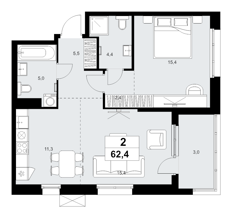 2 ккв (Евро) 62,4 м²
