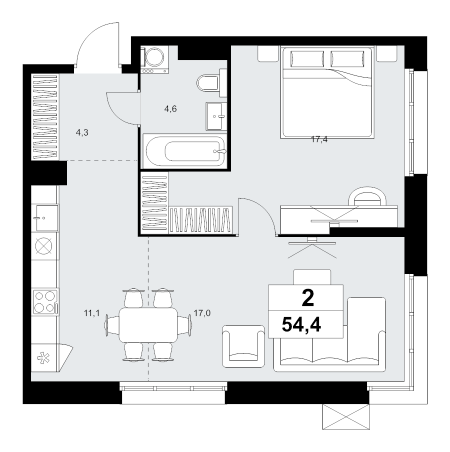 2 ккв (Евро) 54,4 м²