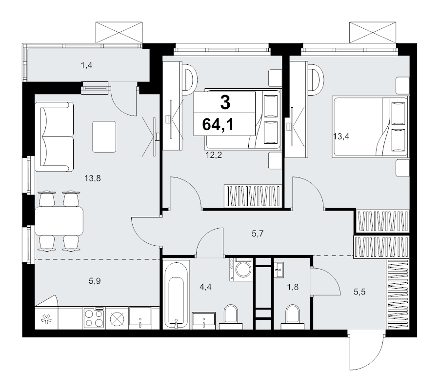 3 ккв (Евро) 64,1 м²