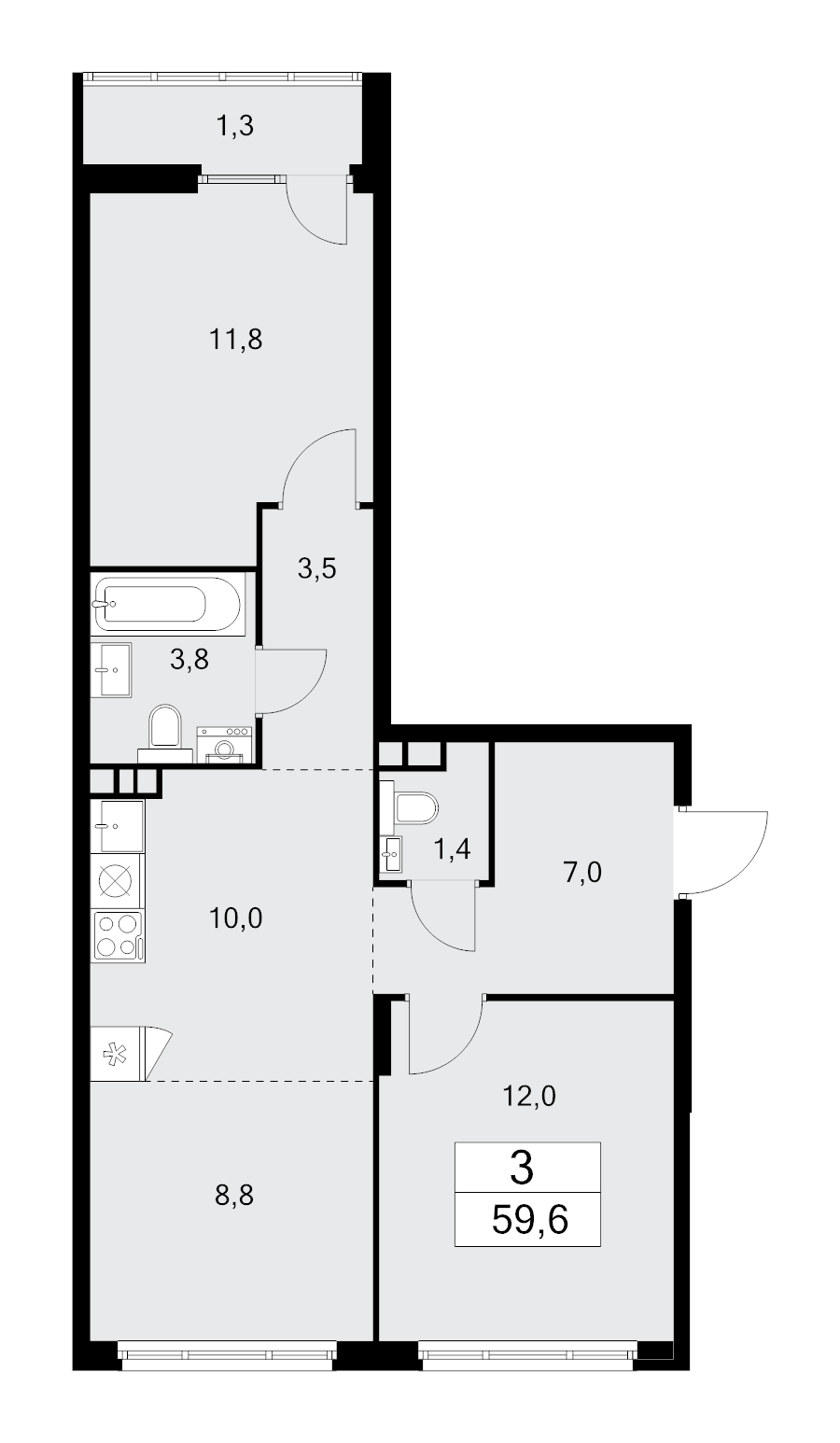 3 ккв (Евро) 59,6 м²