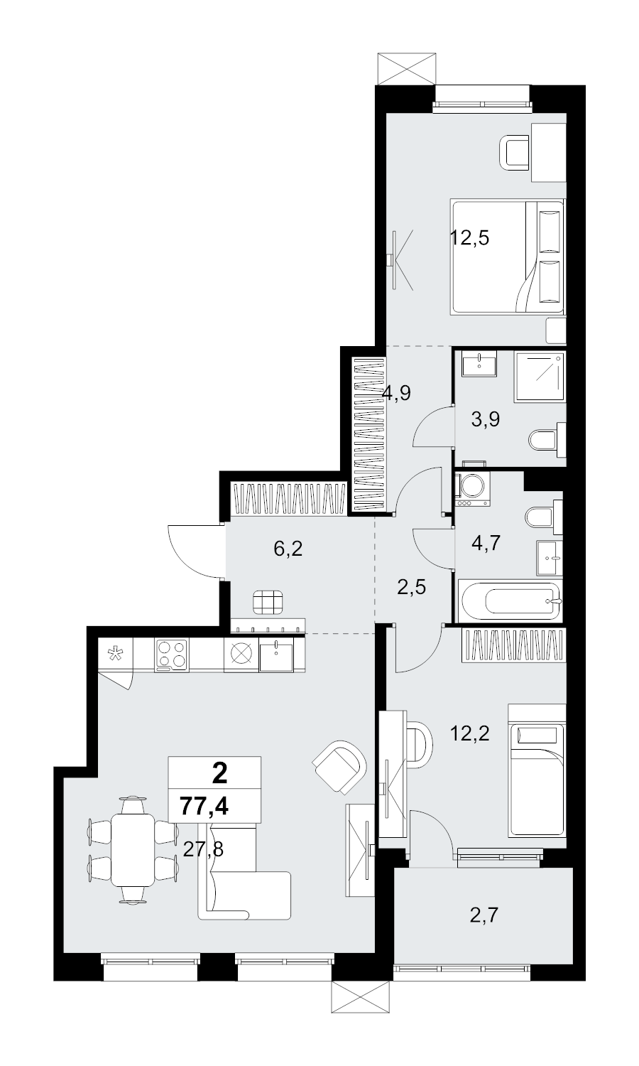 3 ккв (Евро) 77,4 м²