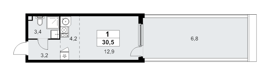 Студия 30,5 м²