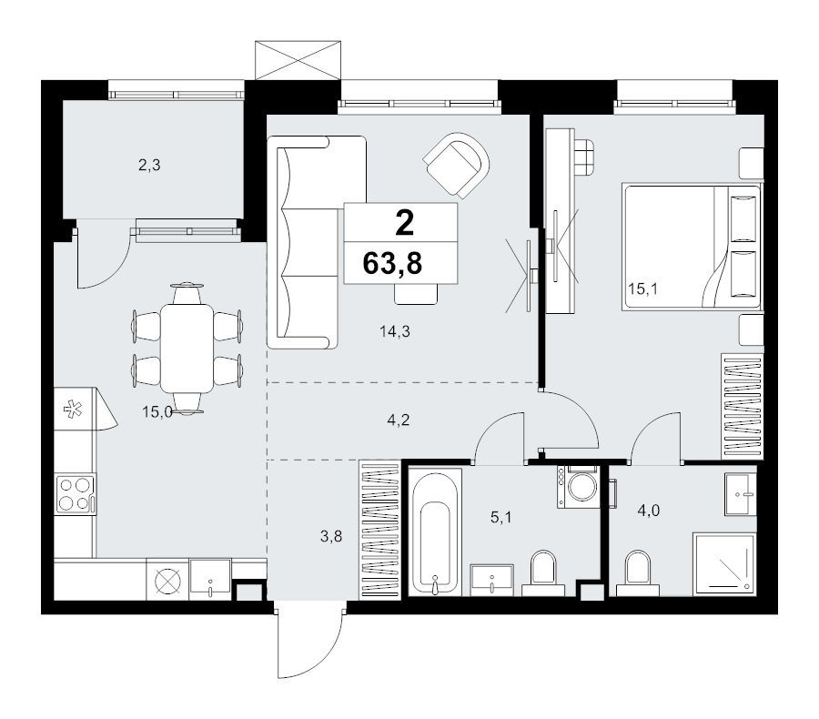 2 ккв (Евро) 63,8 м²