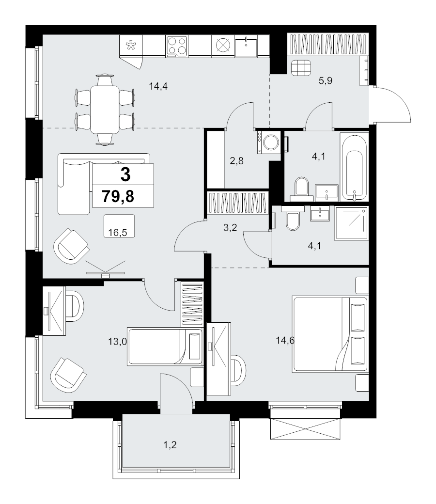 3 ккв (Евро) 79,8 м²