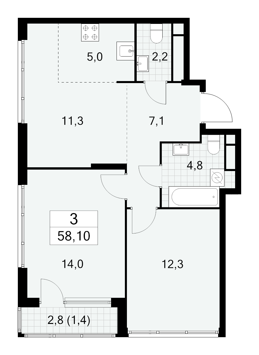 3 ккв (Евро) 58,1 м²