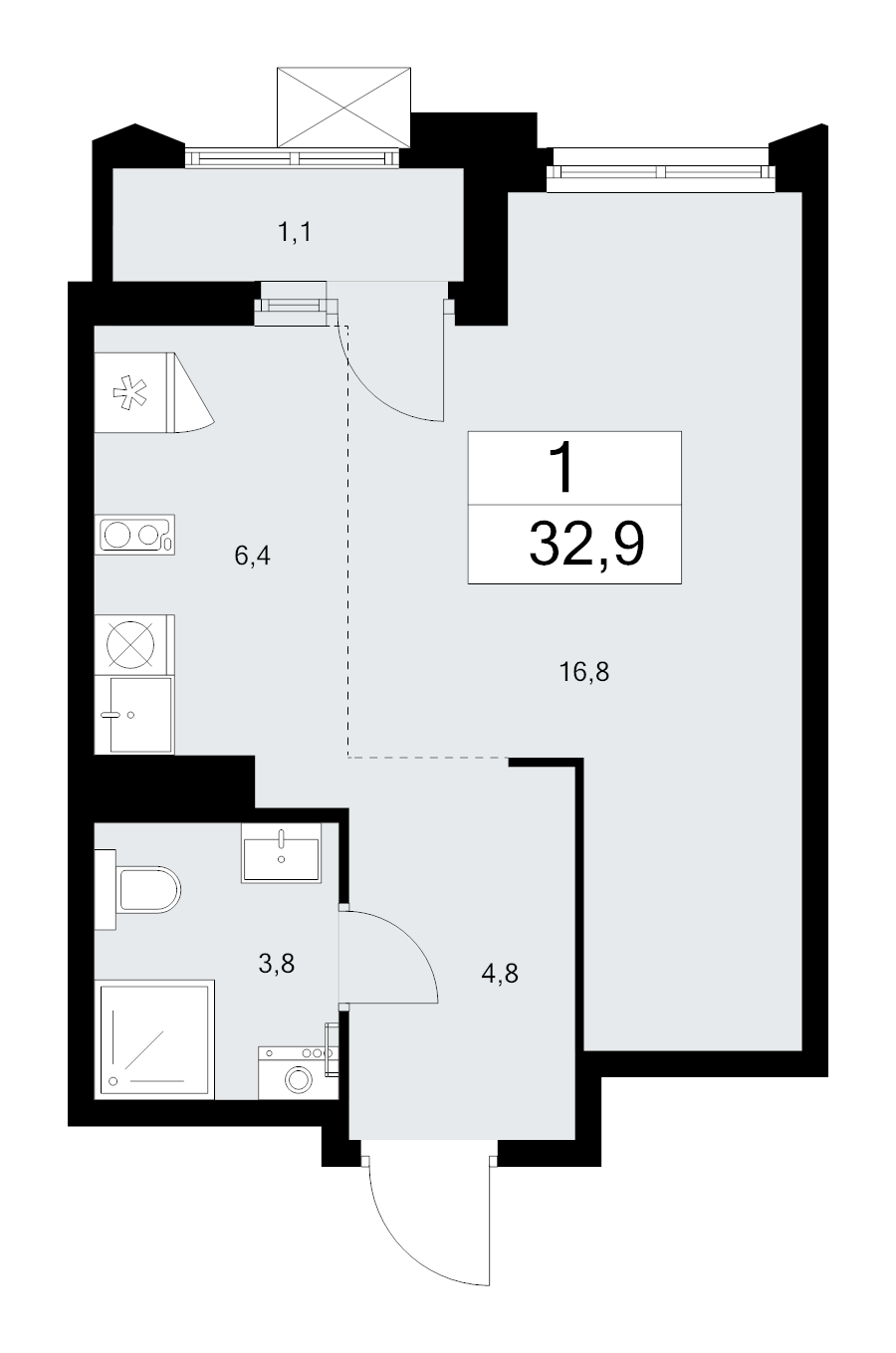 Студия 32,9 м²
